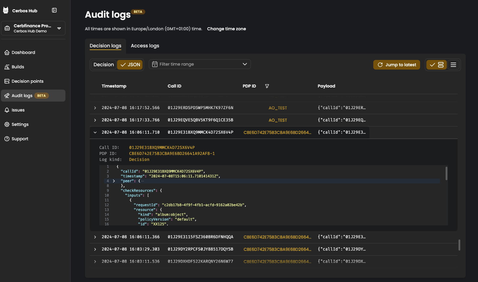 Decision logs JSON