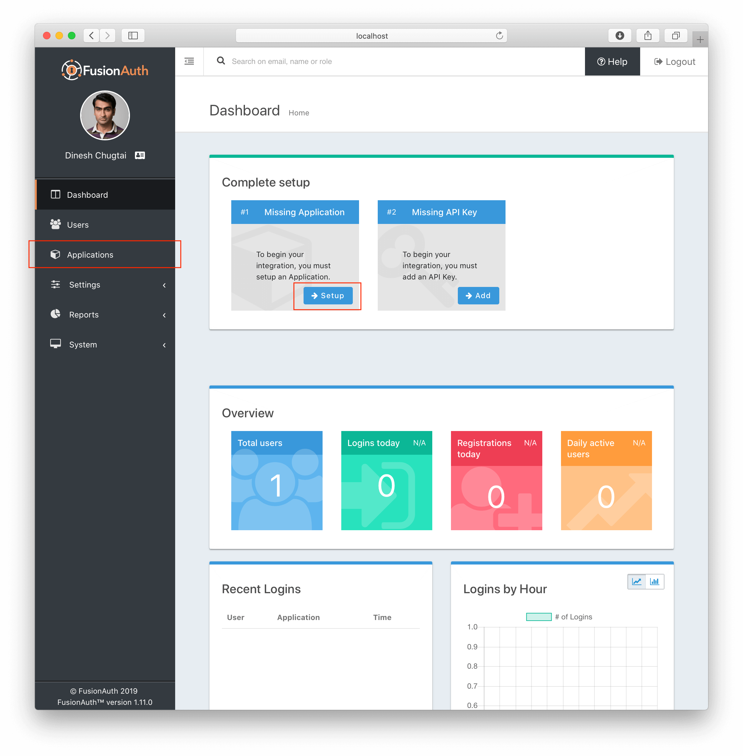 fusionauth dashboard applications